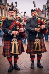 Obraz premium musicians in Scottish clothing perform Christmas carols on bagpipes in the square