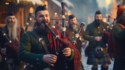 musicians in Scottish clothing perform Christmas carols on bagpipes in the square - obrazy, fototapety, plakaty
