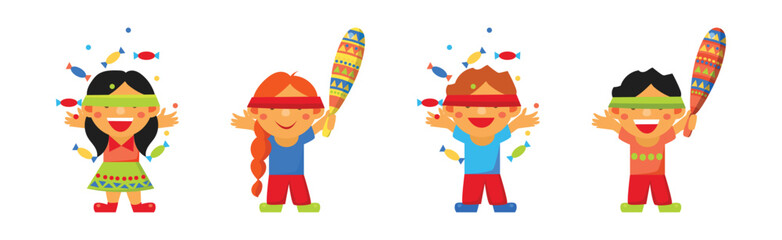 Mexican Holiday with Kids Hitting Pinata Toy Vector Set