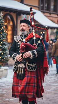 musicians in Scottish clothing perform Christmas carols on bagpipes in the square