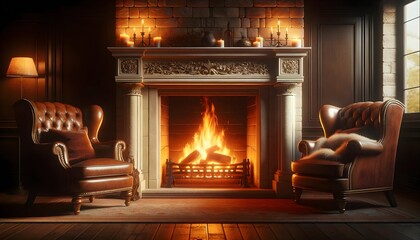 Vintage retro interior living room with cosy fire place, architectural background