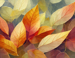 Abstract translucent layered fallen autumnal leaves, macro nature, autumn fall illustration background texture pattern