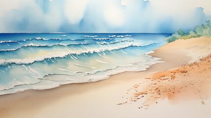 Azure Skies over Natural Waterfront Landscape in Watercolor