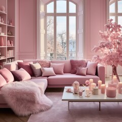 room decorated for Christmas in various shades of pink