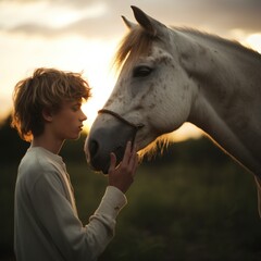 teenager making friends with a horse
