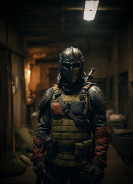 Soldier is wearing a metal mask and armor in the bunker.