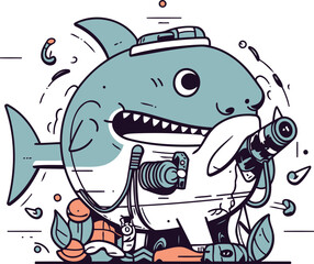 Cute cartoon shark with a camera in his hand. Vector illustration.