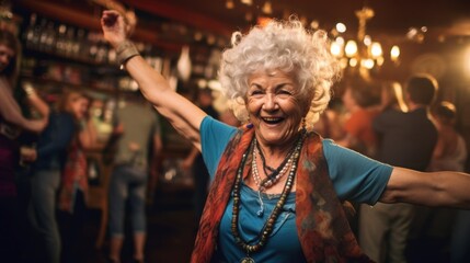 Obraz premium cheerful old lady dancing in a bar