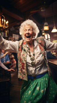 cheerful old lady dancing in a bar