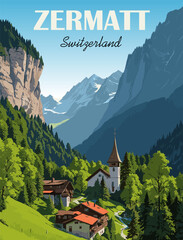 Zermatt, Switzerland Travel Destination Poster in retro style. Digital print, wall art. Europe vacation, holidays concept. Vintage vector colorful illustration. - obrazy, fototapety, plakaty