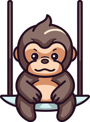 Fototapeta premium Monkey sitting on a swing cartoon vector illustration. Monkey sitting on a swing.