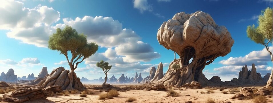 Wide-angle shot of an alien planet landscape. Breathtaking panorama of a desert planet with canyons and strange rock formations. Fantastic extraterrestrial landscape. Sci-fi wallpaper.