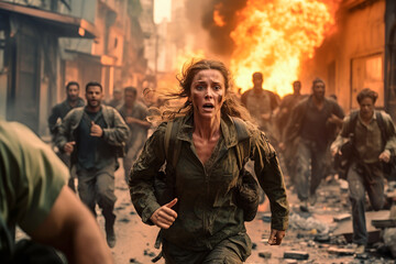 A crowd of people in a destroyed city. City on fire. Innocent civilian running away from missile attack in the city or or natural disaster - obrazy, fototapety, plakaty