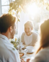 A group of happy friends having breakfast - obrazy, fototapety, plakaty