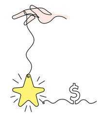 Abstract color  star with hand and dollar as line drawing on white