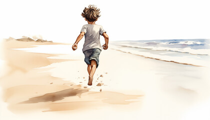 Watercolor Beach Day with Joyful happy kid and Scenic Sky - obrazy, fototapety, plakaty