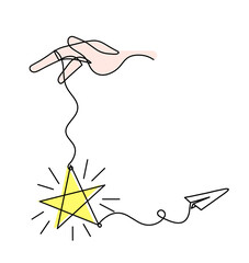 Abstract color  star with hand and paper plane as line drawing on white