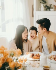Obraz na płótnie Canvas Happy Asian family having breakfast