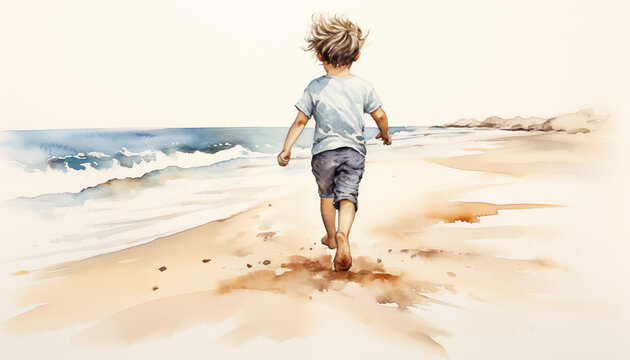 Watercolor Painting of Joyous Beach Scenery