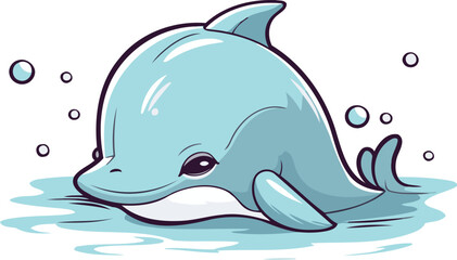 Obraz premium Cute cartoon dolphin swimming in the water. Vector illustration isolated on white background.