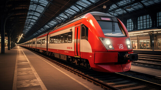 Modern Hi-Speed red Passenger Train at station train terminal