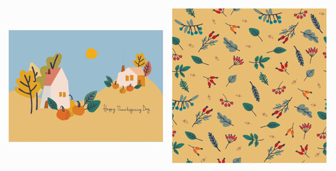 Fototapeta na wymiar Set of Happy Thanksgiving card and pattern for holiday packaging, home decor and textiles. Cozy holiday design with country house, pumpkins, autumn leaves on blue background