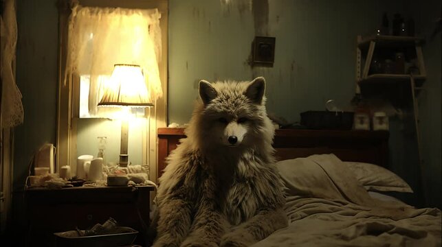 "Eerie music visualizer with a lifelike wolf sitting on a bed, its chest rising and falling in sync with the haunting melodies."
