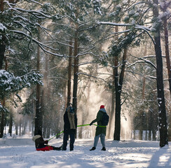 Funny people in Winter Park playing snowballs, actively spending time outdoors. Winter snowy...