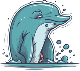 Illustration of a cute dolphin swimming in the sea. Vector image.