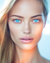 A stunning woman with captivating blue eyes and delicate pink makeup, exuding beauty and grace.