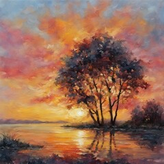 romantic sunset painting, impressionism, contemporary art
