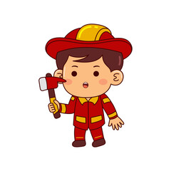 cute firefighter boy cartoon character vector illustration