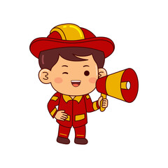 cute firefighter boy cartoon character vector illustration