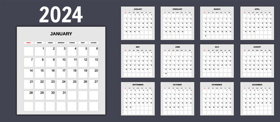 2024 Calendar, planner. Sunday start annual calendar template