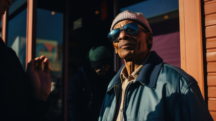 Obraz premium Elderly gentleman sporting sunglasses and headwear.