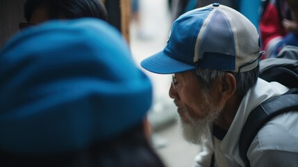 Aged man carrying backpack and wearing blue hat.