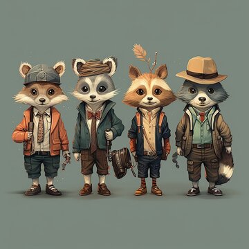 four anthropomorphic raccoons dressed in vintage attire