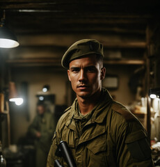 Soldier is in the basement, holding a rifle. Portrait of a young solider.
