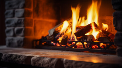 La lueur vive d'un feu de bois dans une cheminée apportant chaleur et confort. - obrazy, fototapety, plakaty