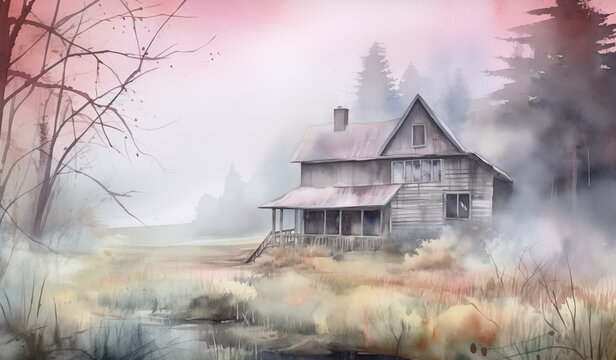 Mystic Rural Habitat: A Watercolor Fusion of Architecture and Nature