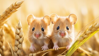 Charming and playful duo of tiny mice enjoying a delightful adventure in a picturesque wheat field - obrazy, fototapety, plakaty