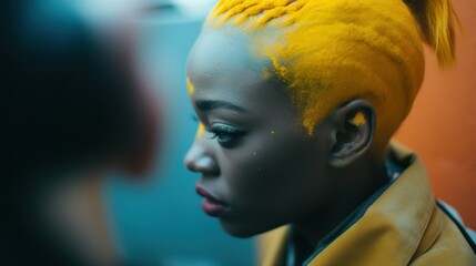 African woman with hair covered in yellow dyes