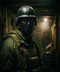 Soldier in the bunker with mask and helmet.