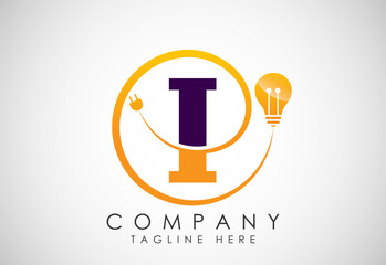 English alphabet I with electric bulb and plug. Electricity, industrial and technology logo