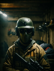 Portrait of a soldier. He is wearing mask, helmet and glasses also he is holding a rifle in the basement.
