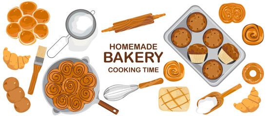 Fototapeta na wymiar Vintage vector illustration for baking. Illustration of cookies, and other baked goods, fresh and delicious. For packaging, labels, or signs. Food art for signs, flyers, or menus. Letters.