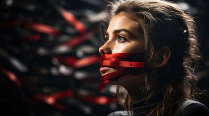 A woman with her mouth tied. Freedom of speech, politicians prohibit speaking and expressing their thoughts, ban on freedom, elections, arbitrariness of politicians, my voice is important