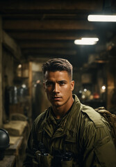 Portrait of a soldier in the bunker.