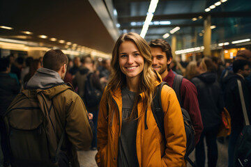 Happy young woman standing in a crowd of people at the airport is smiling. - obrazy, fototapety, plakaty