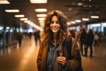 A woman standing in airport hallway holding passport. - obrazy, fototapety, plakaty